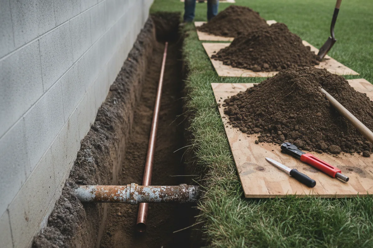 Excavated water line trench during Sewer Line Repair in Frankfort
